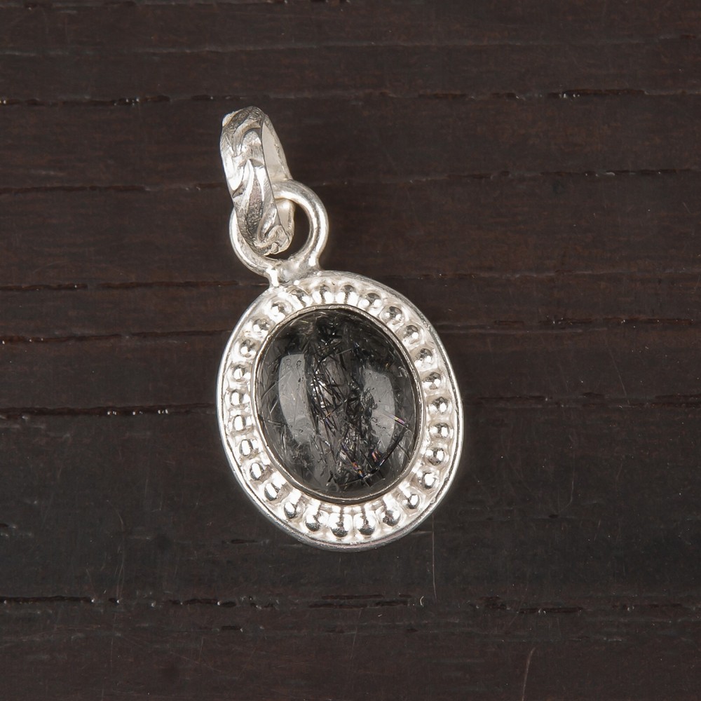 OVAL Black Rutile 925 Silver Cyber Monday Bezel Set Art Deco Unique Wife Pendant-image