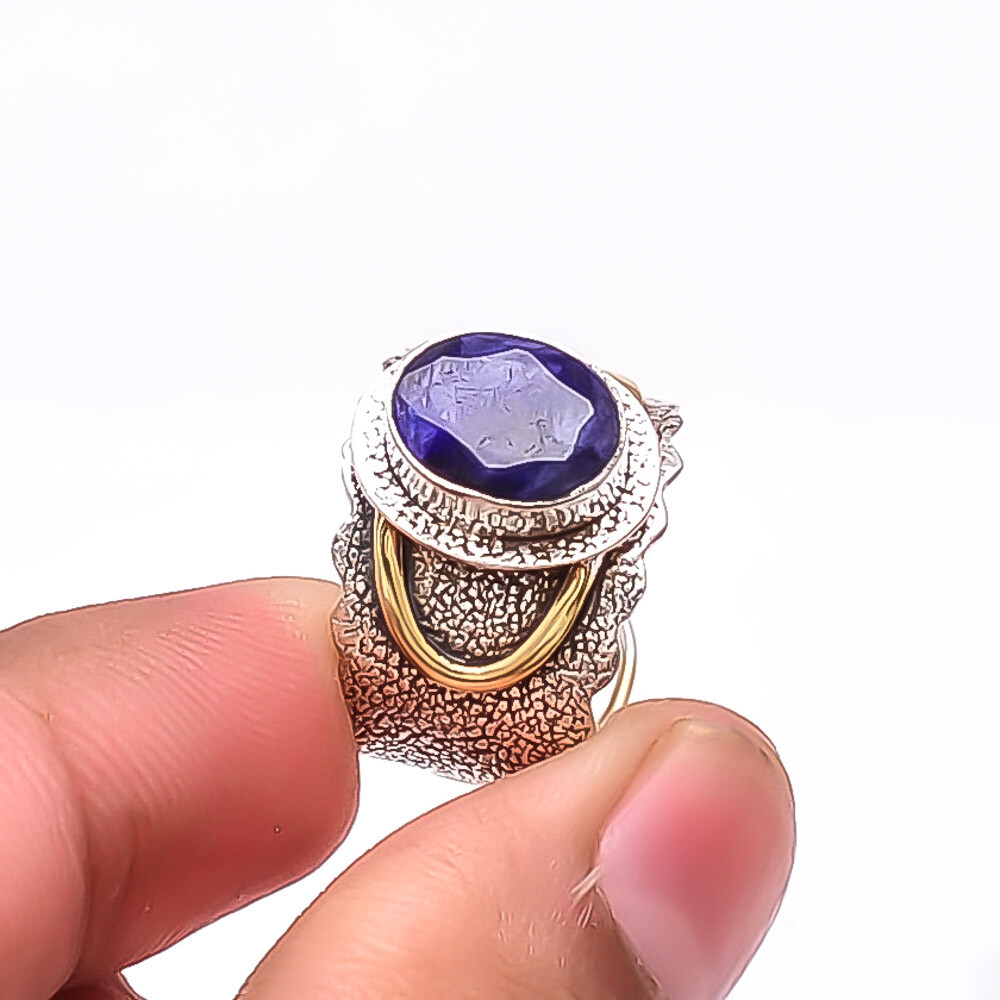 Blue Sapphire - Dyed Quartz Oxidised 925 Sterling Silver Ring S.7 R60