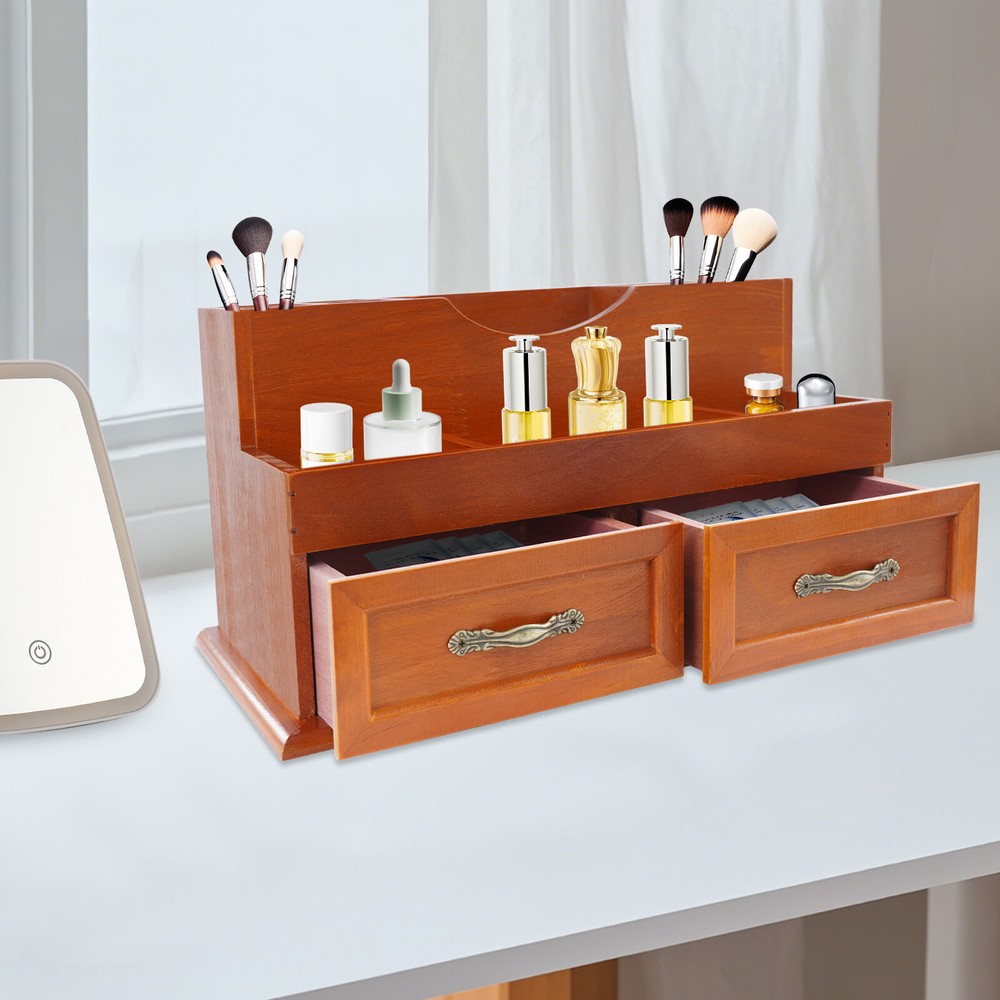 12-Compartment Wooden Desktop Organizer with 2 Drawers for Office Supplies  