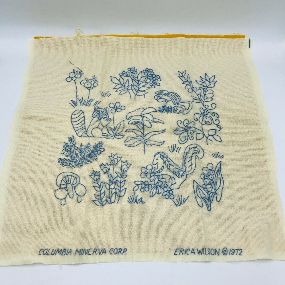 Vintage 1972 Erica Wilson Woodland Creature Mushroom Chipmunk Squirrel Crewel Pillows