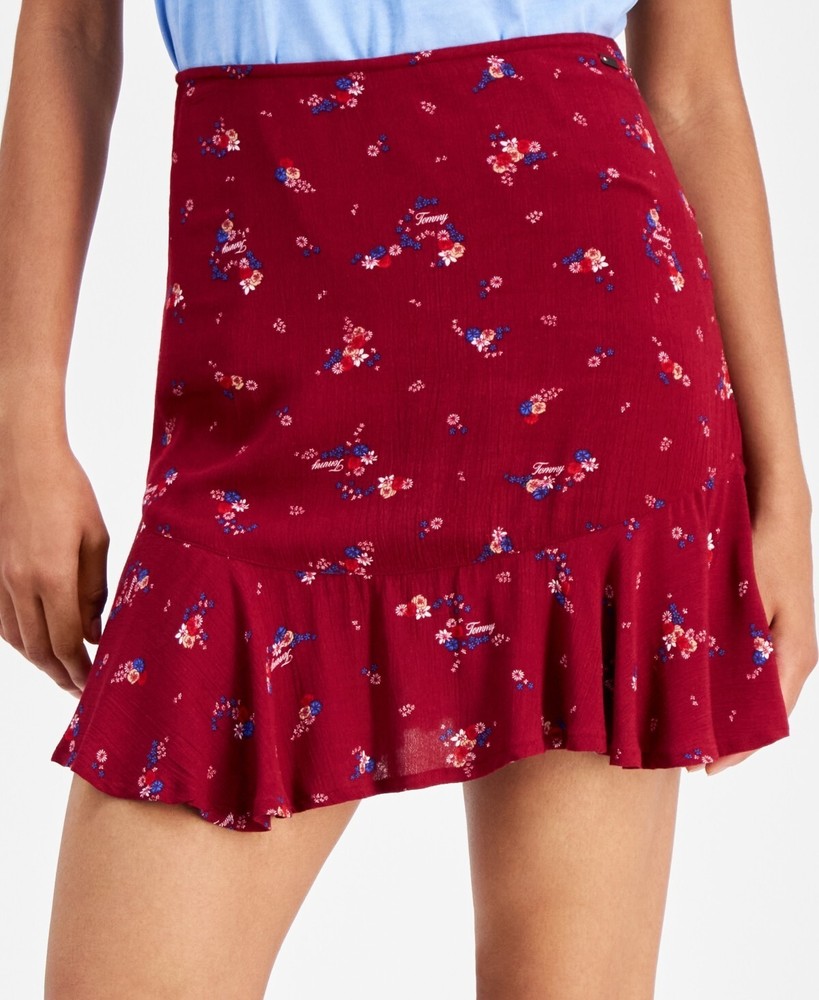 Tommy Jeans Womens Floral High Rise Flounce Mini Skirt in Red Size XS Was $80