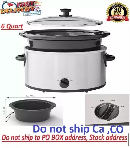 Large Slow Cooker Crock Pot 6 qt Oval Stainless Steel Finish Glass Lid Stoneware