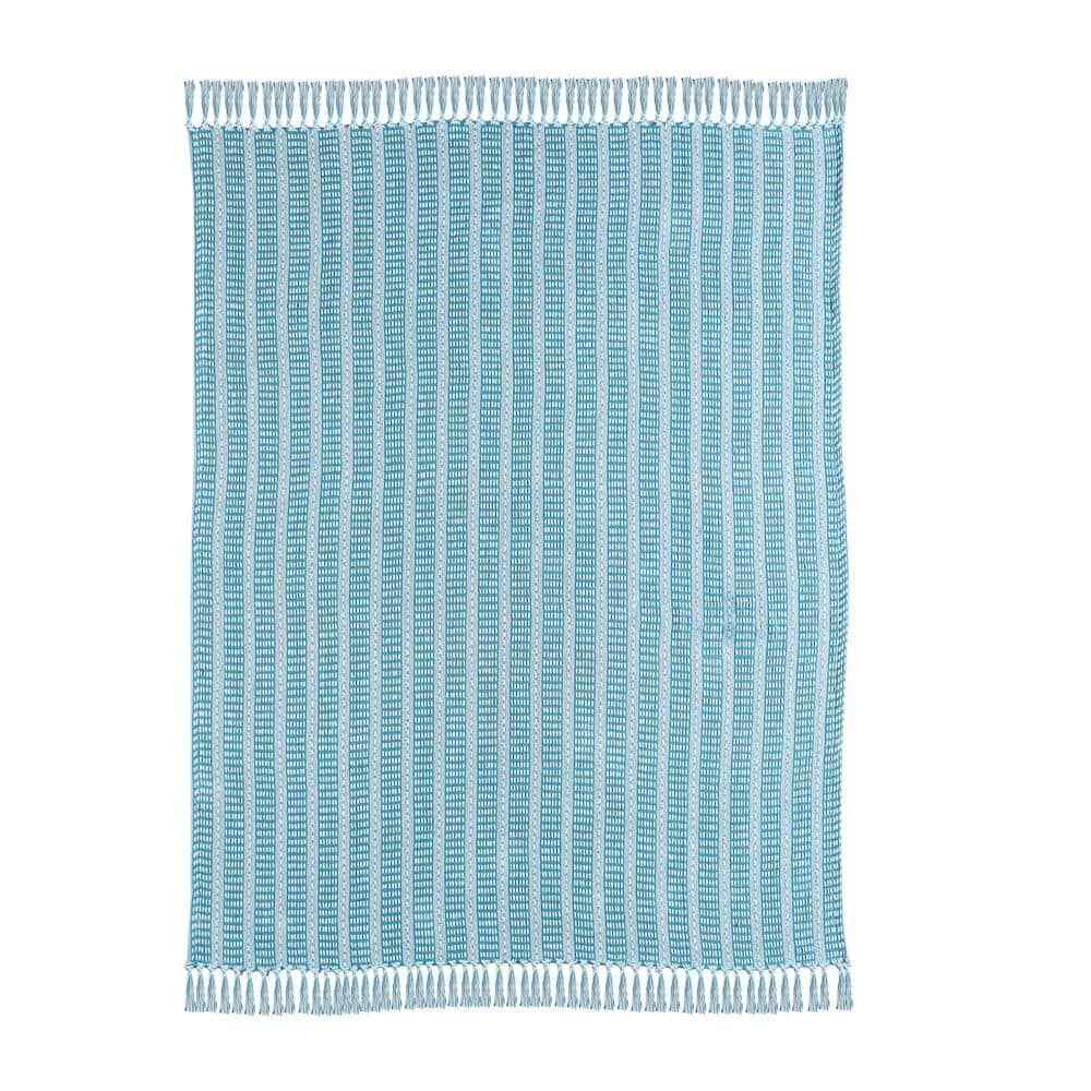 Ridgeline 50 in. x 60 in. Maui Blue/White Cotton Woven Striped Fringe Throw Blan
