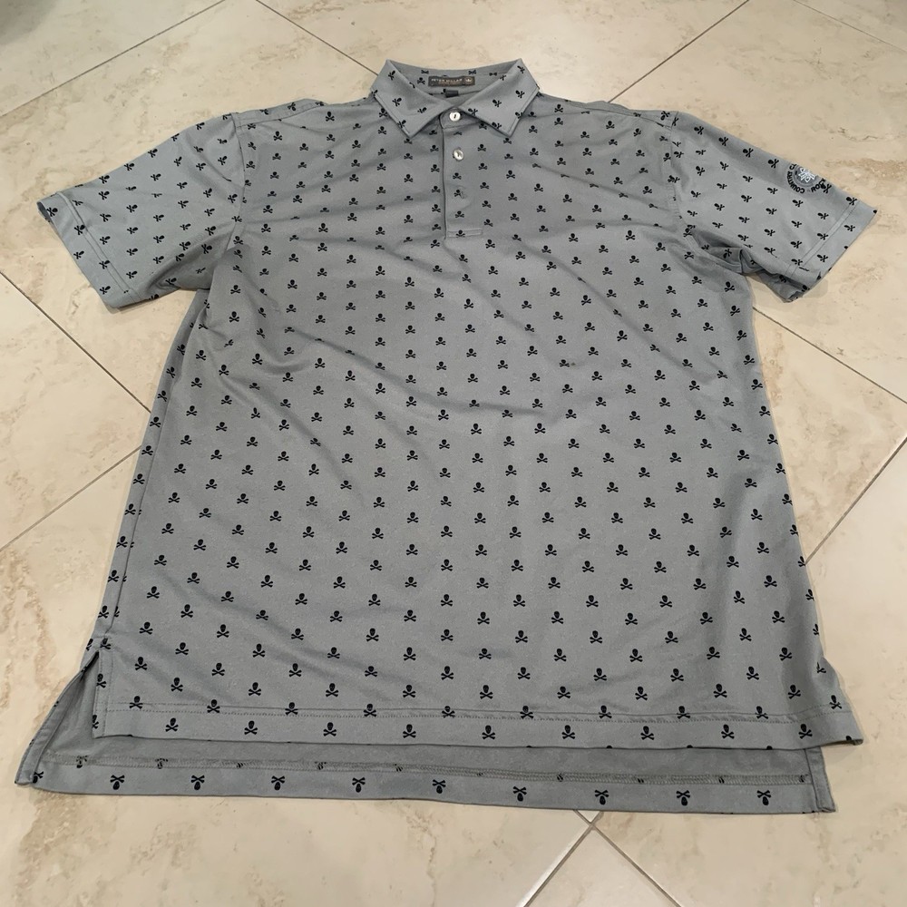 Peter Millar Summer Comfort Gray Skulls And Cross bones Print Polo Mens Sz Small
