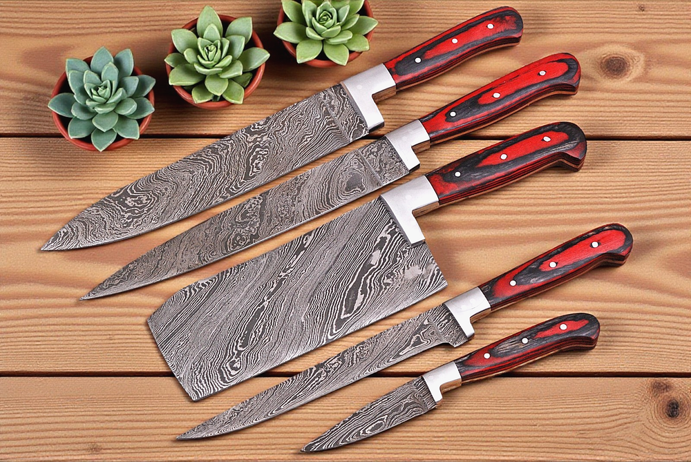 Custom Made Forged Damascus Steel Chef Set Kitchen Knives  1574