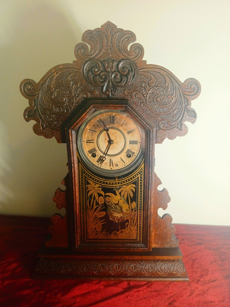 Victorian Antique Wooden Mantel Clock Mechanical Bird Motif Roman Numerals