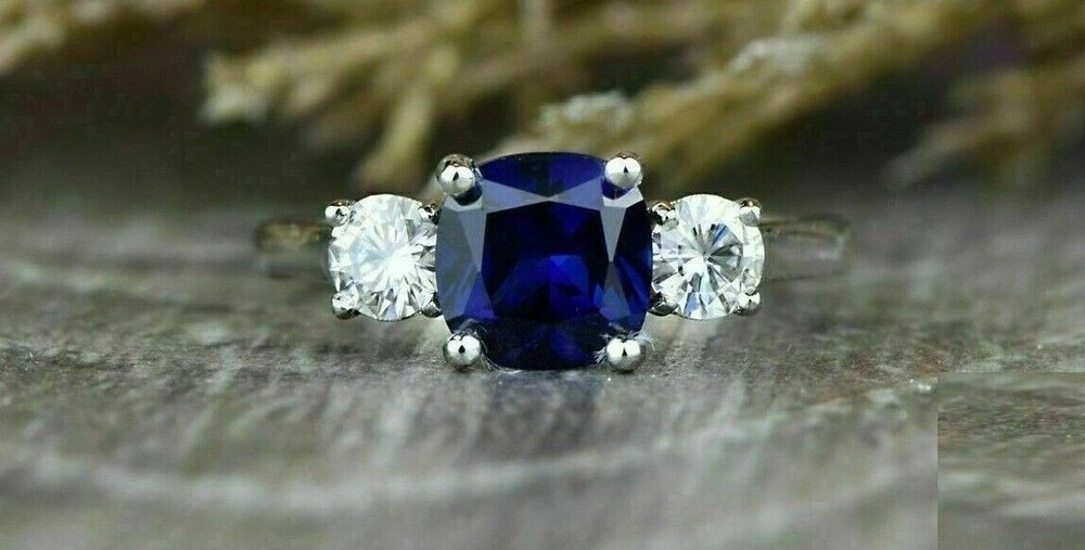 2 Ct Cushion Cut Lab Created Blue Sapphire Engagement Ring 14K White Gold Plated