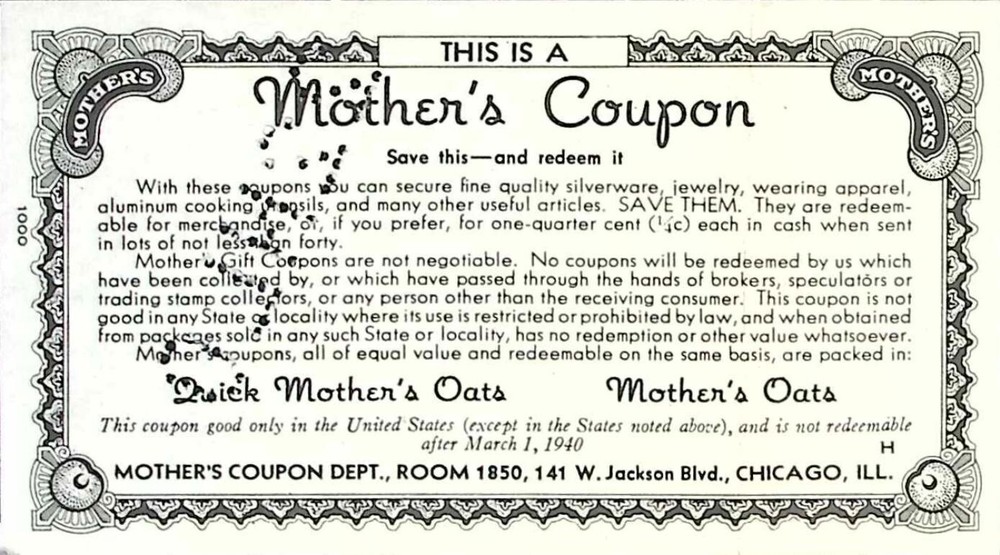 Vintage 1940 Mother's Oats Coupon for Silverware & Watch Redemption - Collectible Ephemera-image
