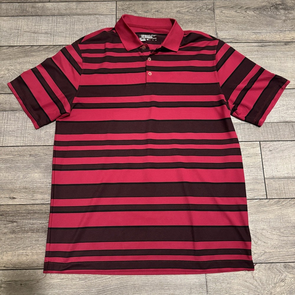 Nike Mens Tour Performance Dri Fit Polo Golf Shirt Red Maroon Black Stripe Sz XL
