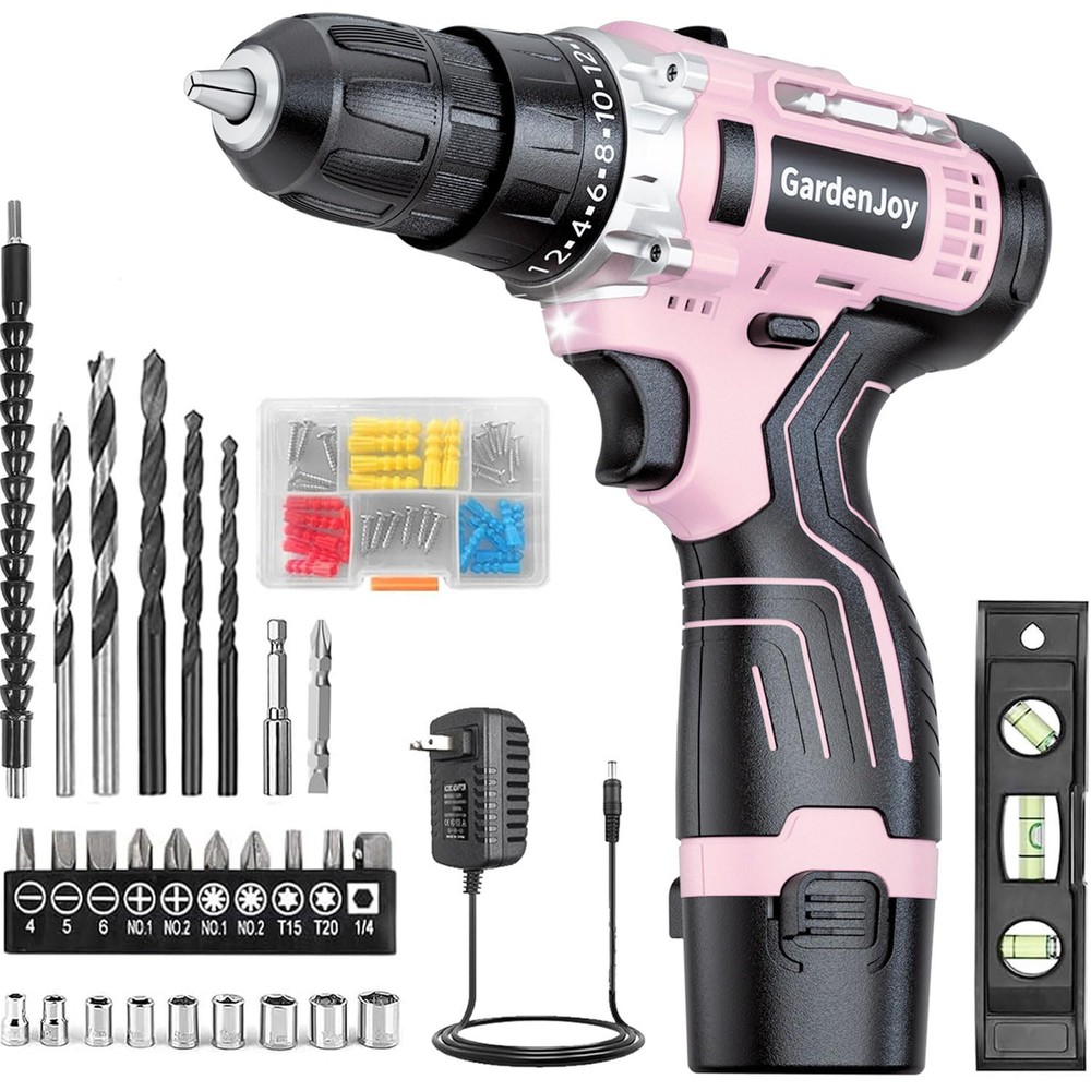 Cordless Power Drill Set: 12V Drill with Battery and Charger, 65pcs Acessorie...