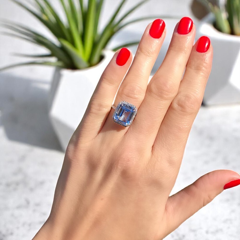 18K White Gold Ring Lab Grown 6.05 Ct Emerald Cut Blue Sapphire Diamond