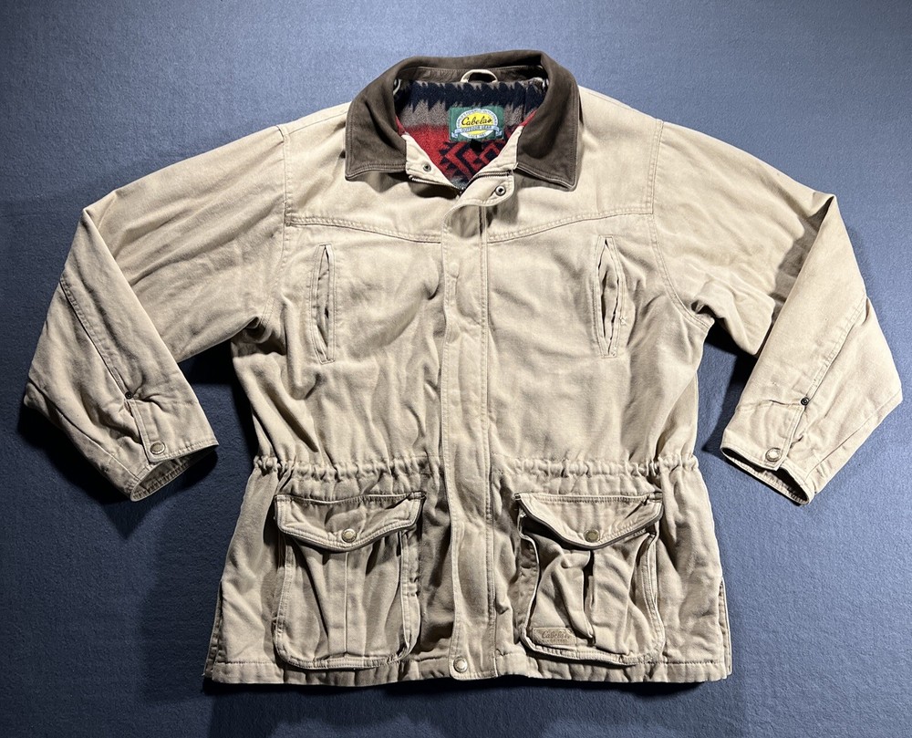 Cabelas Field Jacket Mens XL Beige Canvas Fleece Lined Coat Hunting *READ*