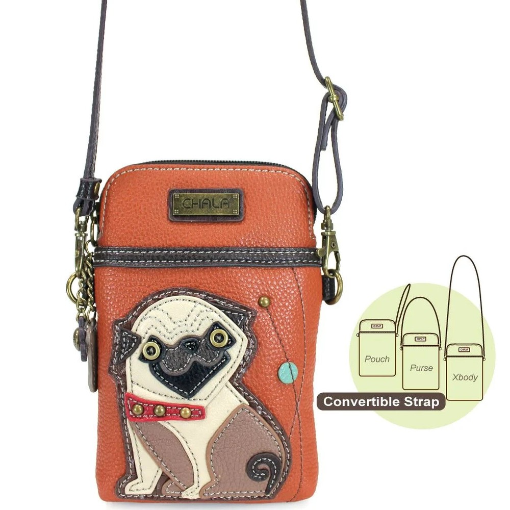 NEW CHALA PUG DOG PUPPY CROSSBODY PURSE ADJUSTABLE STRAP ORANGE BROWN