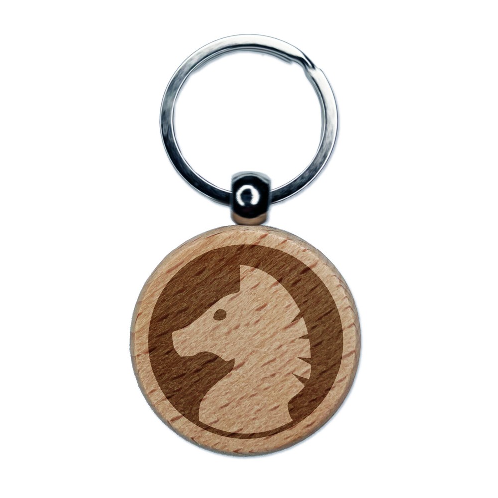 Chess Piece White Knight Engraved Wood Round Keychain Tag Charm