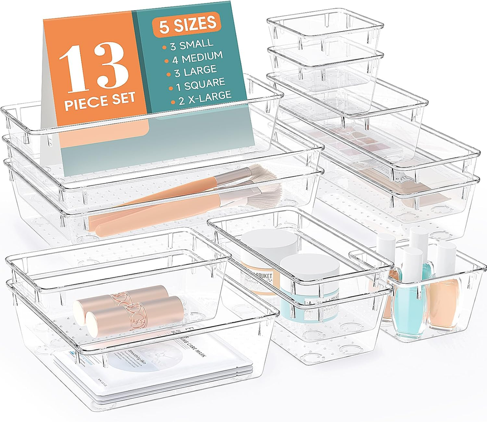 13-Piece Clear Drawer Organizer Set in 5 Sizes for Bathroom Kitchen Makeup Jewelry Storage  