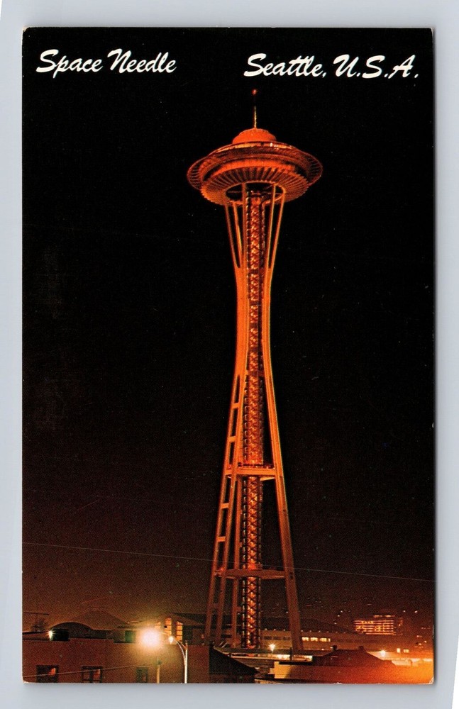 Vintage Seattle WA Space Needle at Night Worlds Fair Postcard