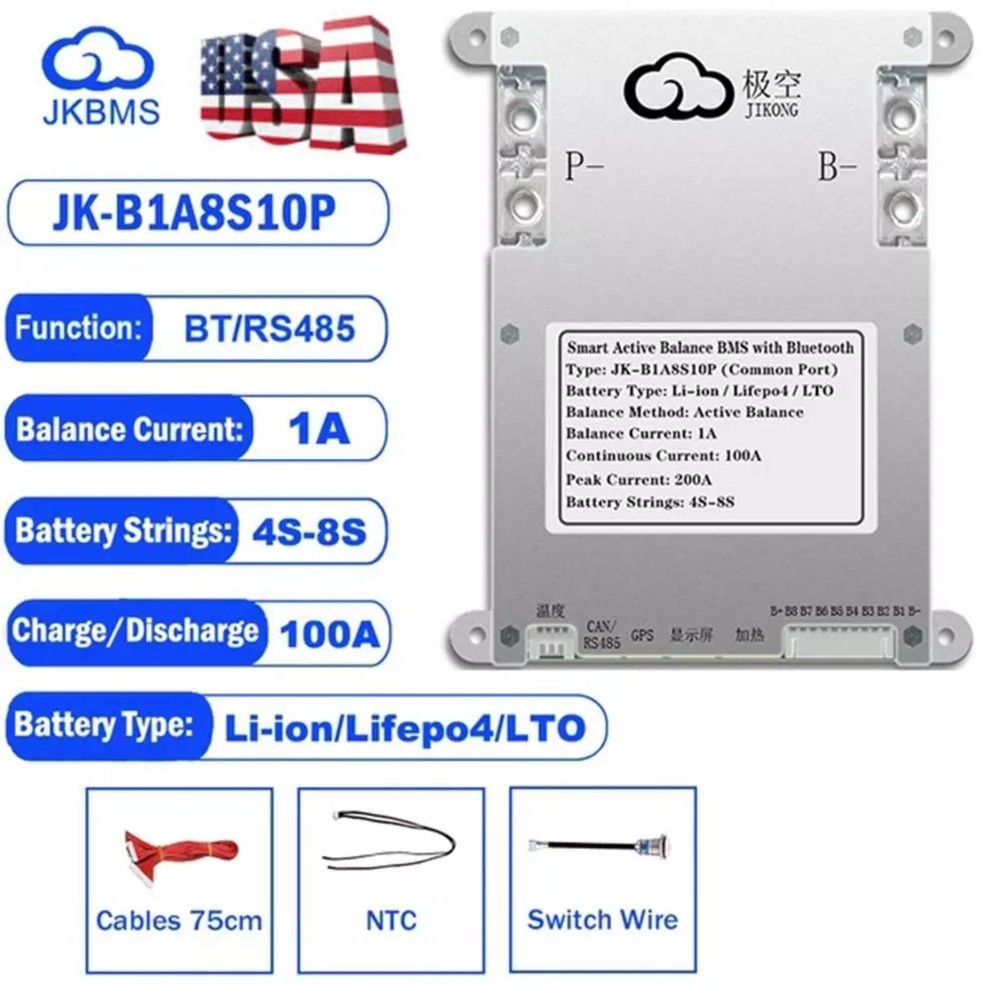 JK Smart BMS 4-8S 100A for Li-ion LiFePO4 with Active Balance BT RS485 SAU USA