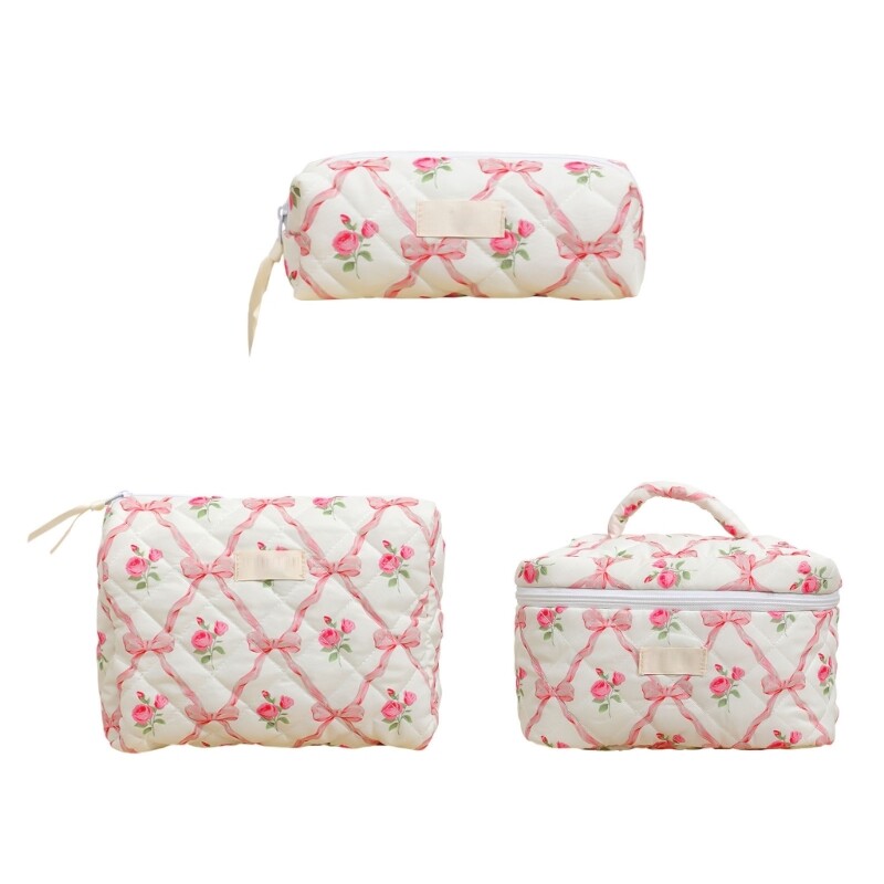 Quilted Large Capacity Bows Makeup Bag Cosmetic Toiletry Organizer