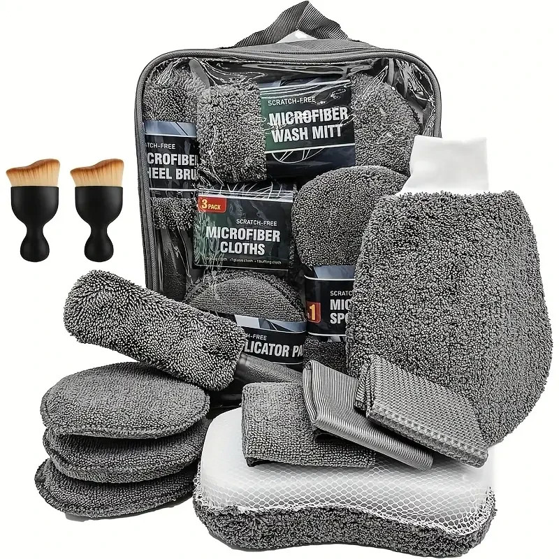 11pcs Car Cleaning Kit – Tire Brush, Microfiber Gloves, Sponges & Scratch Pads