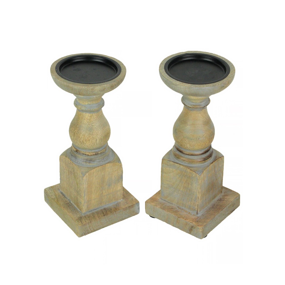 Set of 2 rustic wooden pedestal candle holders for home decor centerpiece