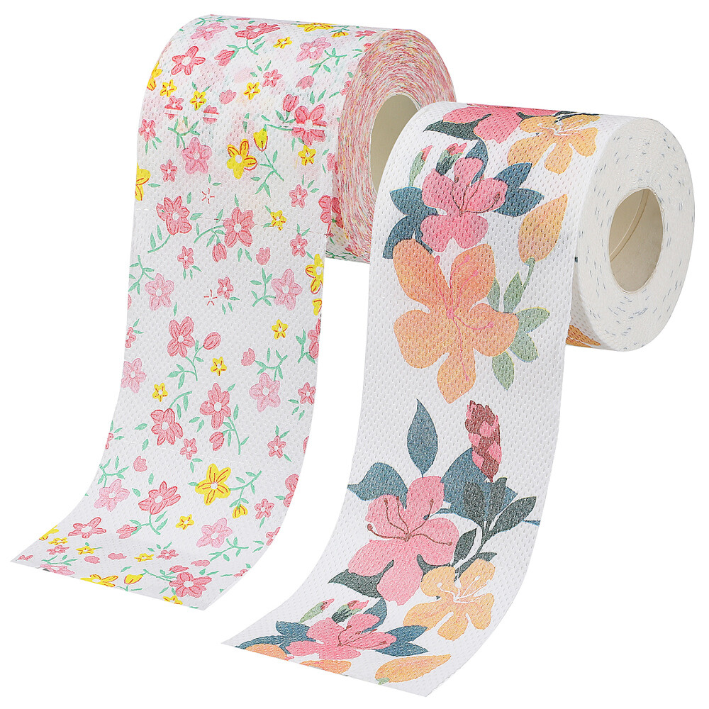 2 Rolls Toilet Paper Bulk Bath Tissue Printed Decorative Flower Travel Office