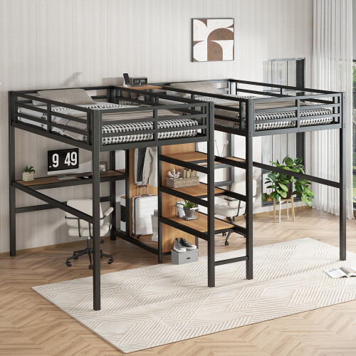 Twin High Sleeper Loft Bed with Desk Wardrobe Storage Shelves Double Metal Frame-image