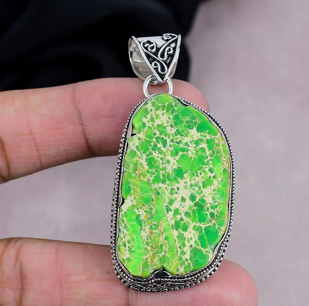 Natural Green Sea Sediment Gemstone 925 Sterling Silver Pendant Jewelry  