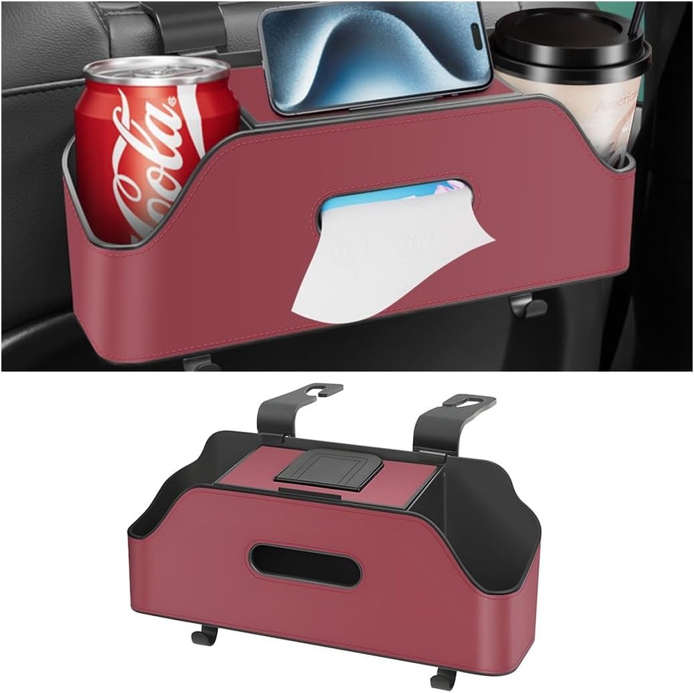 Car Headrest Backseat Organizer with Cup Holder, Multi-Functional -Wine Red