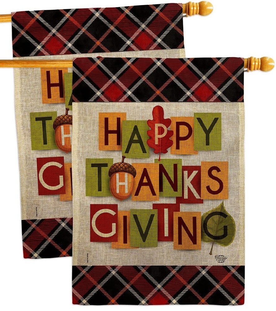 Thanksgiving Burlap House Flag 2 pcs Pack Fall Turkey Give Thanks Gobble Pump...