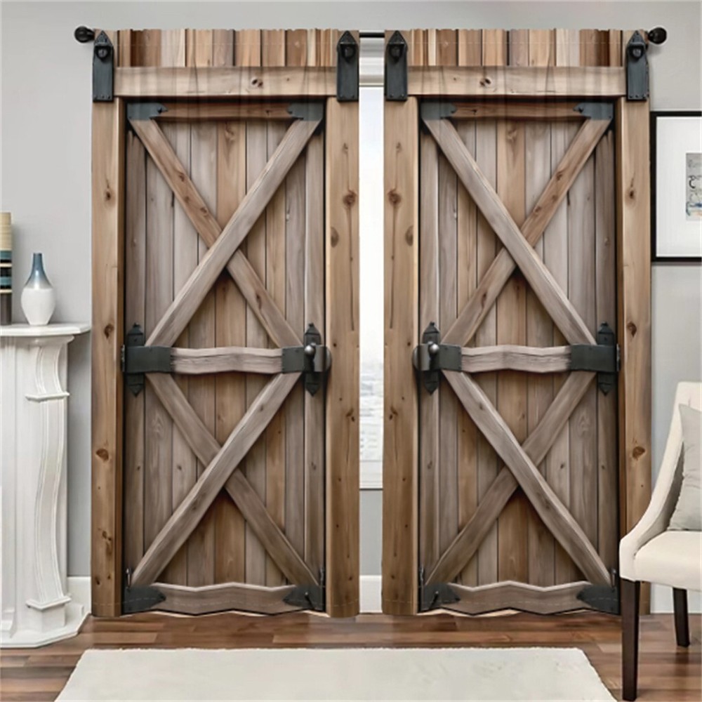2Pcs Rustic Farmhouse Barn Door Wood Panel Curtains for Living Room