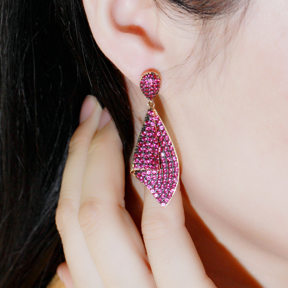 Lady Gold Plated Hot Pink Cubic Zirconia Handkerchief Long Drop Earrings Jewelry