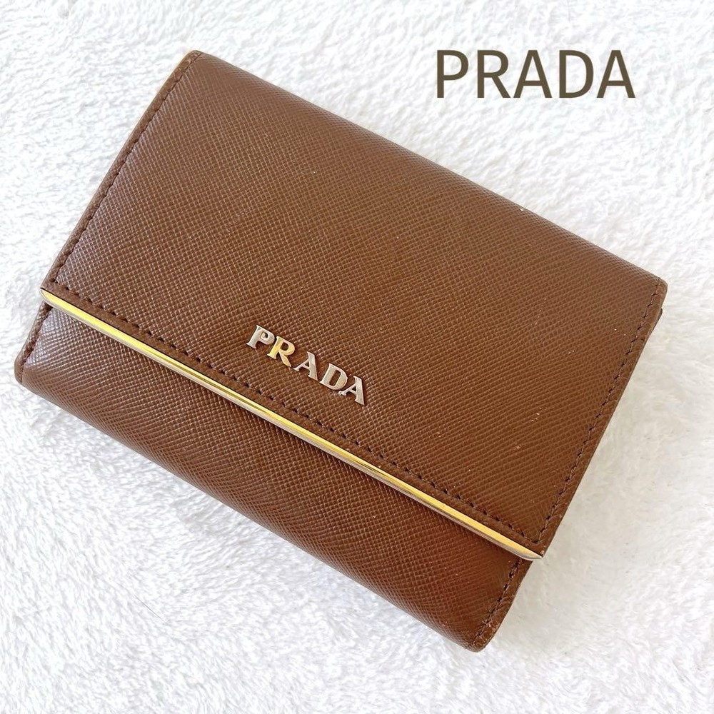 Prada Saffiano Leather Bifold Wallet in Brown Gold Unisex Preowned