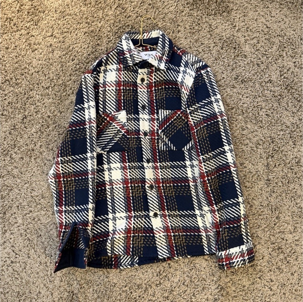 Wax London Men's Plaid Button Jacket Spread Collar Navy White Red Olive Size S