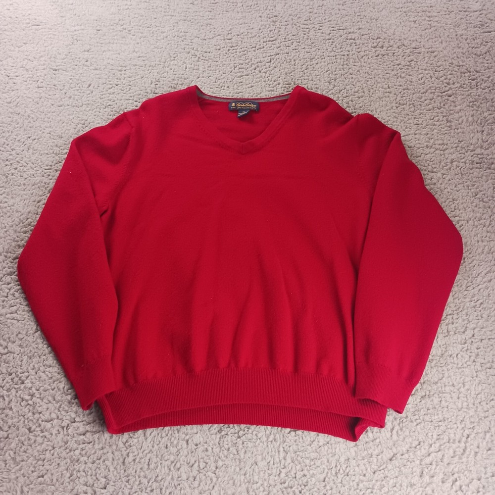 Brooks Brother Sweater Men XL Red Extra Fine Italian Merino Wool V Neck Career