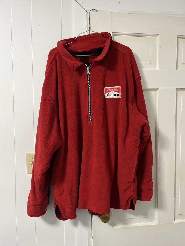 Vintage 90s Marlboro Reversible Buffalo Plaid Fleece 1/2 Zip Pullover Jacket