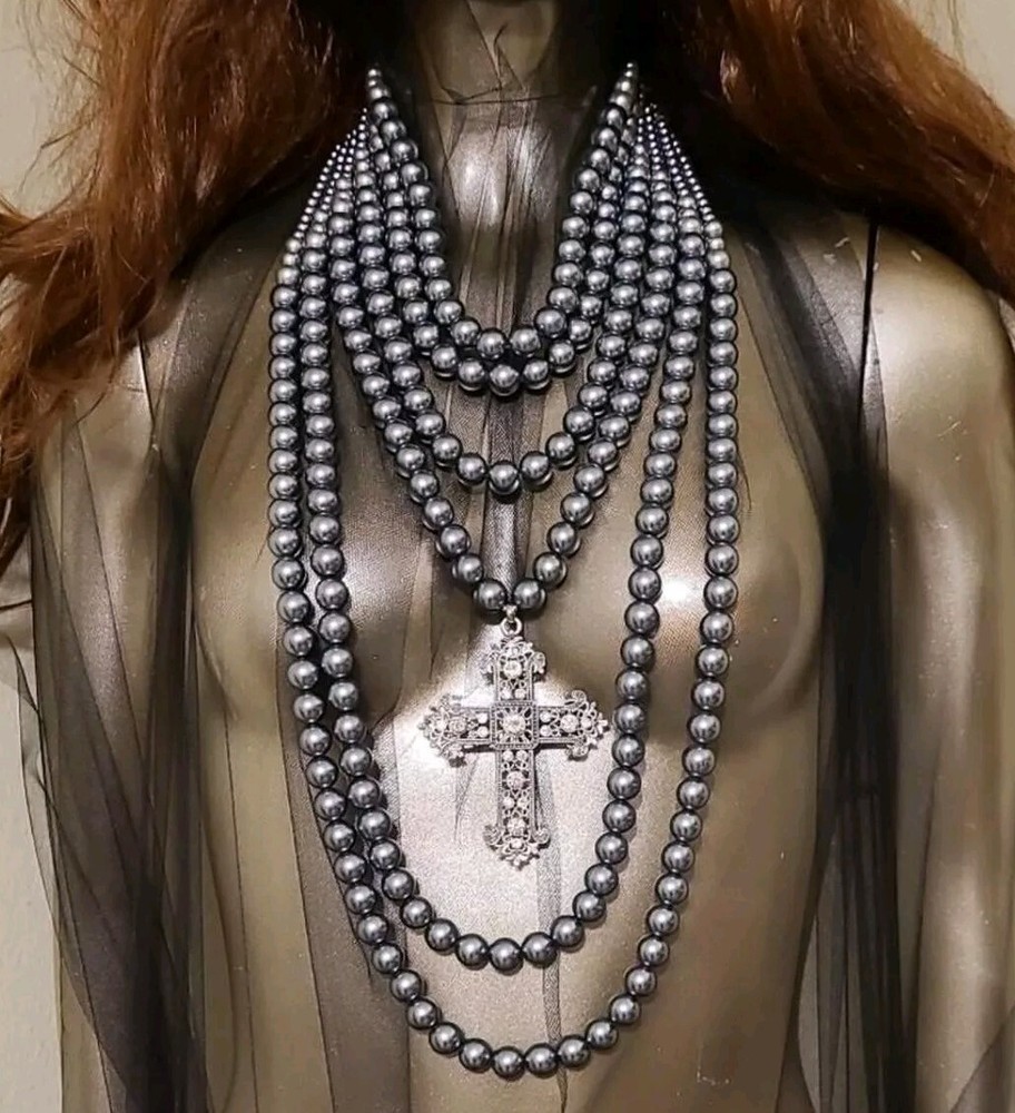 Artisan Multi-Strand Layered Pearl Baroque Cross Pendant Necklace