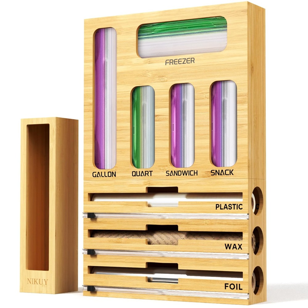 9 IN 1 Bamboo Foil and Plastic Wrap Organizer for Kitchen Drawer, Plastic Bag...