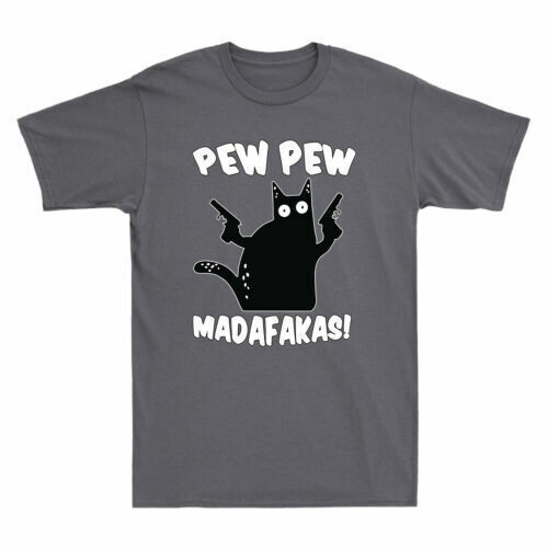 Black Cat PewPew Madafakas Funny Cat Graphic Men's Cotton Short Sleeve T-Shirt