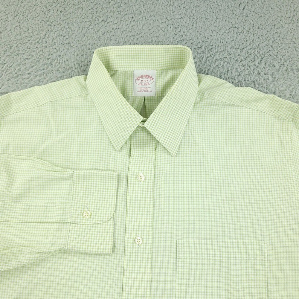 Brooks Brothers Shirt Mens 16-34 Large Green White Plaid Traditional Fit Cotton