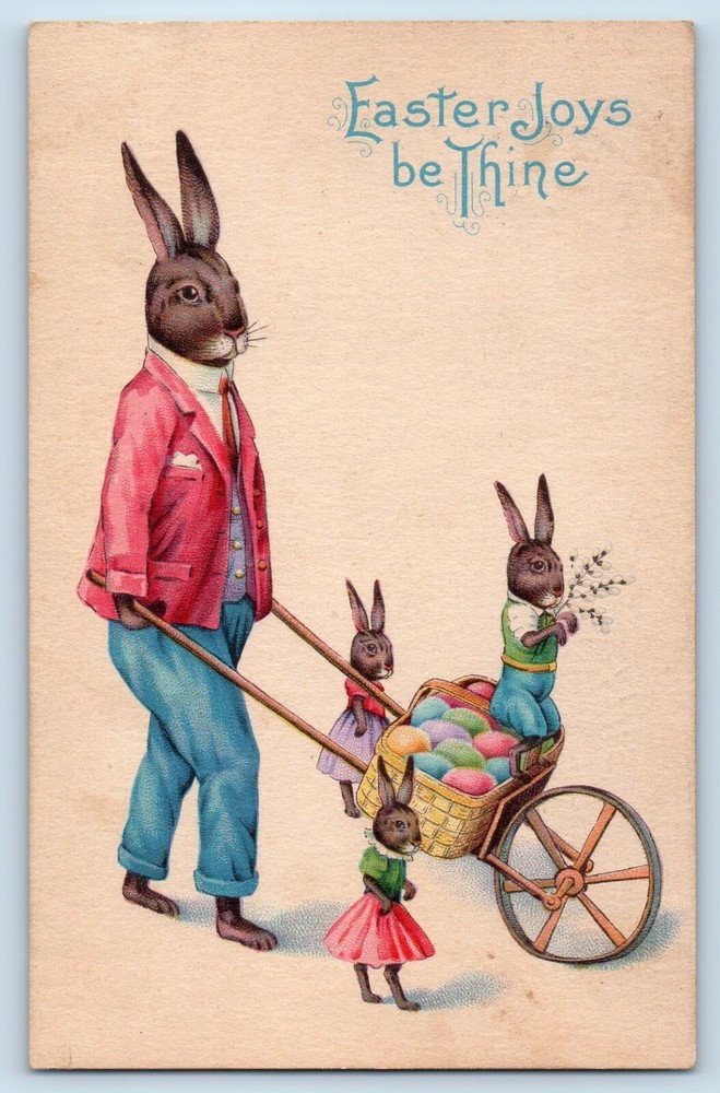 Easter Postcard Anthropomorphic Rabbit Bunnies Eggs Basket c1910's Antique
