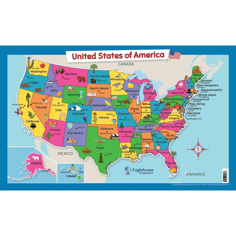 USA Wall Map for Kids with Illustrations- United States Poster Map for Home o...
