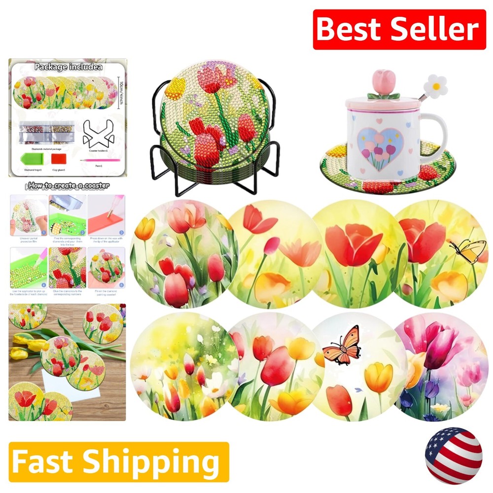 Tulips Diamond Painting Coasters - 8 Piece Set with Holder & DIY Craft Supplies