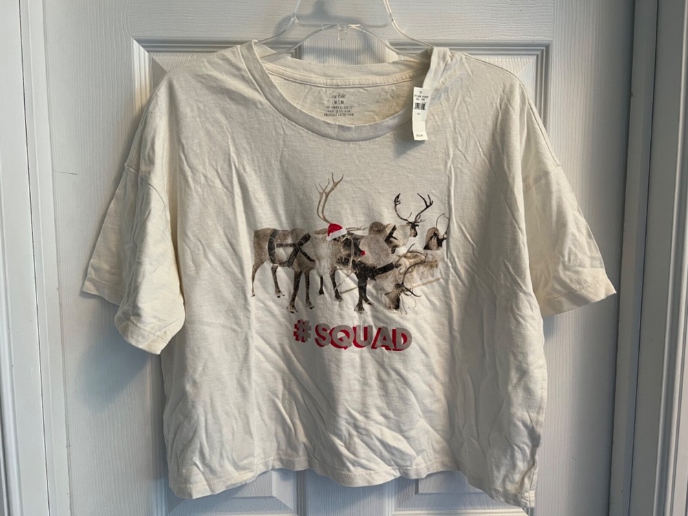 SLEEP/PJ Top - aerie - Short Sleeve - White - Reindeer - Crop - Knit -Medium-NWT