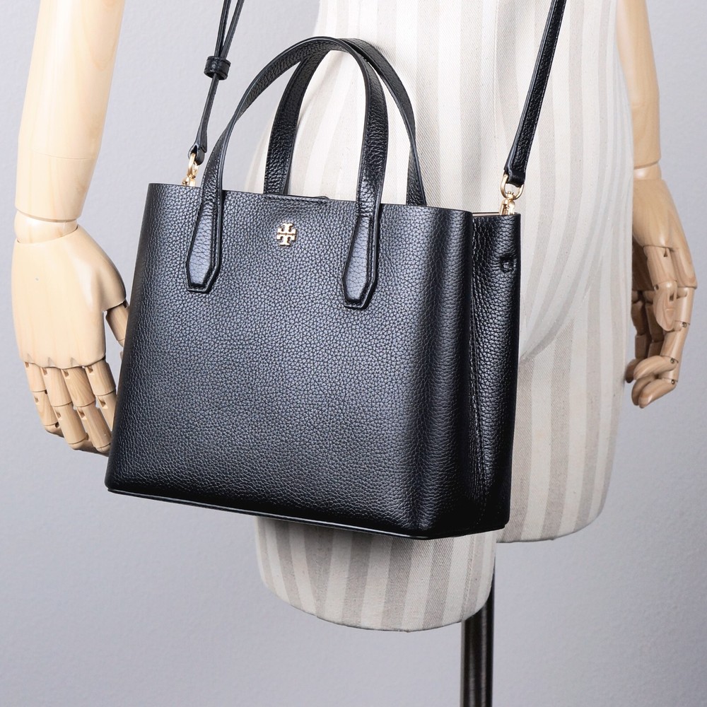 New Tory Burch BLAKE Black Pebbled Leather Small Tote Crossbody Purse $348