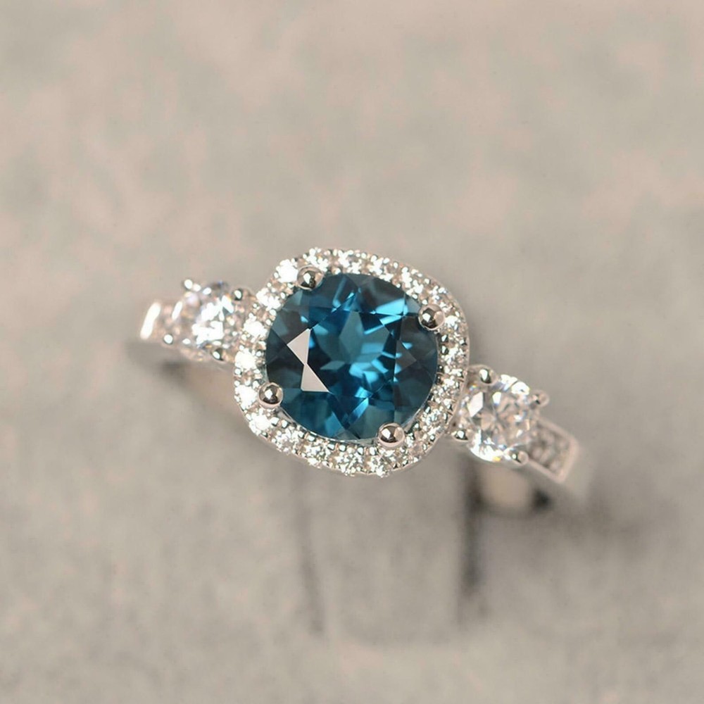 2Ct Round Cut Simulated London Blue Topaz Halo Fancy Ring 14k White Gold Plated
