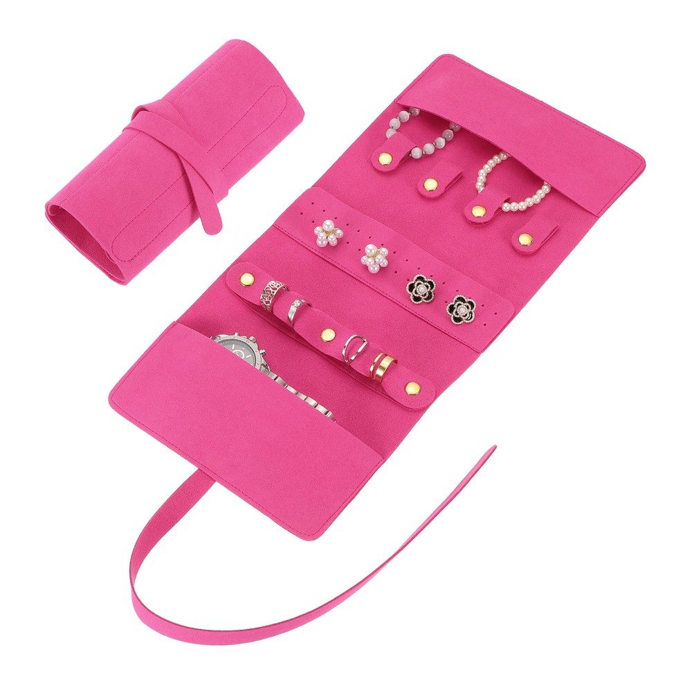 Travel Jewelry Bag Roll, Foldable Jewelry Travel Organizer with Tie, Rose Red