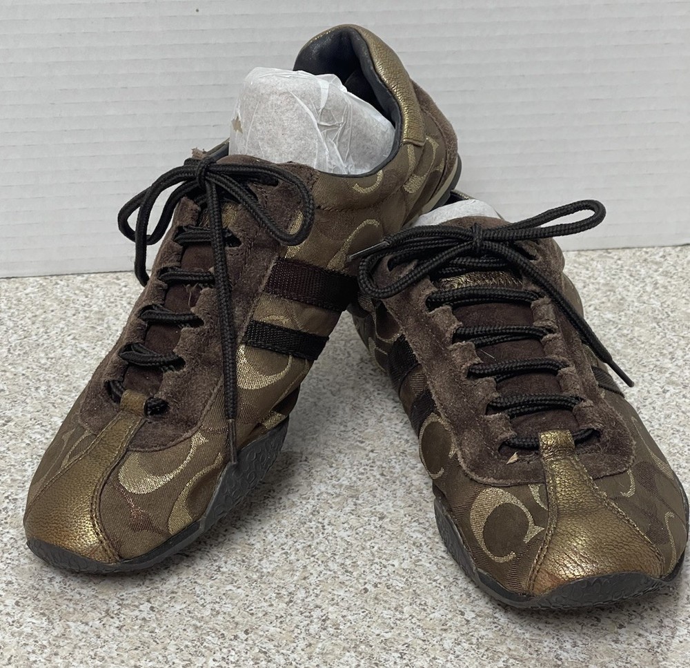 Coach Kate Size 8.5 Lace Up Sneakers Brown Gold & Bronze Metallic Logo Classic