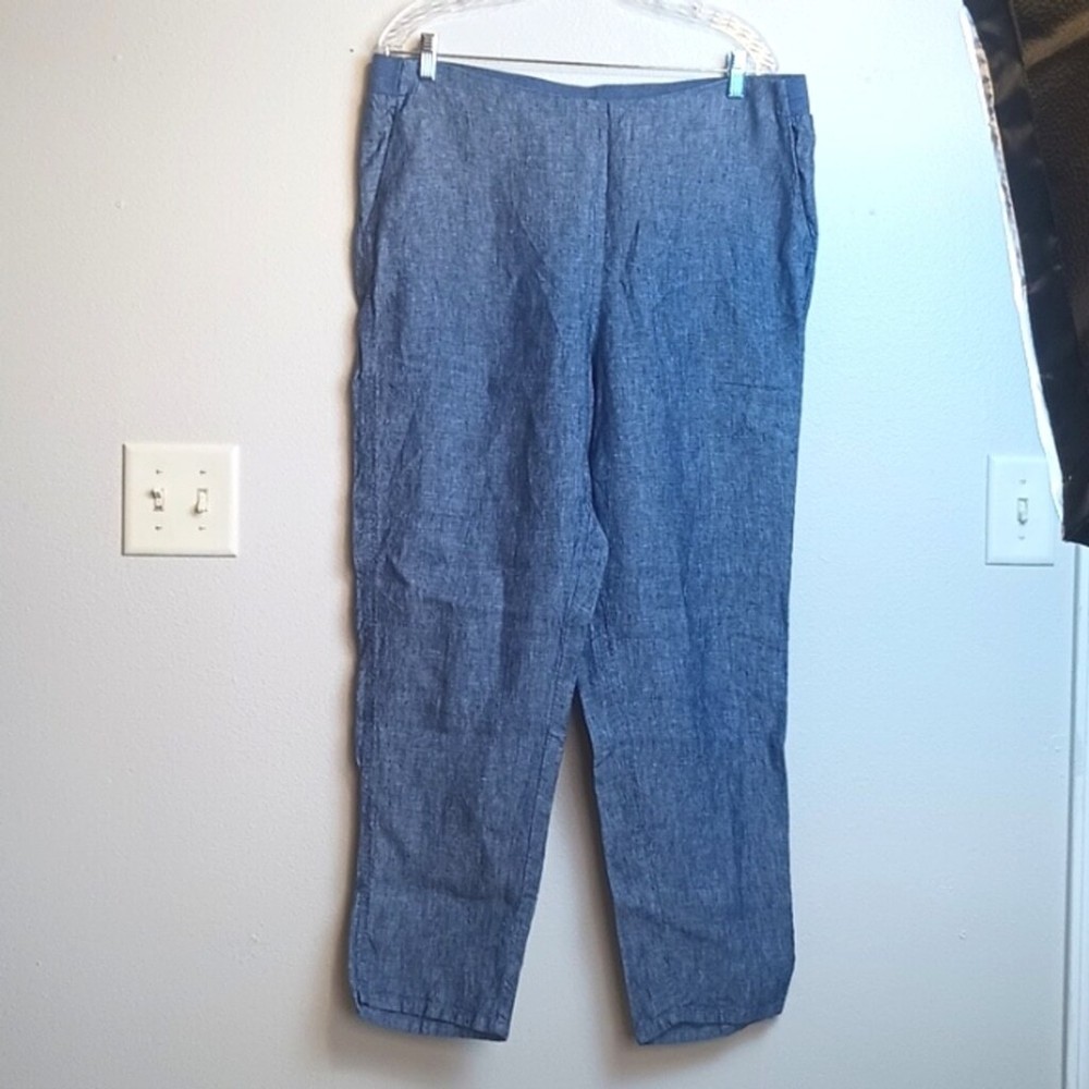 J Jill Blue Chambray Linen Tapered Leg Ankle Length Pants Large Pull On