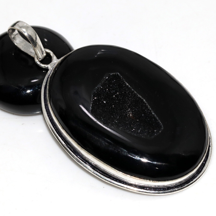 Black Botswana Druzy 925 Silver Plated 2.6 Inch Pendant Stylish Jewelry JW