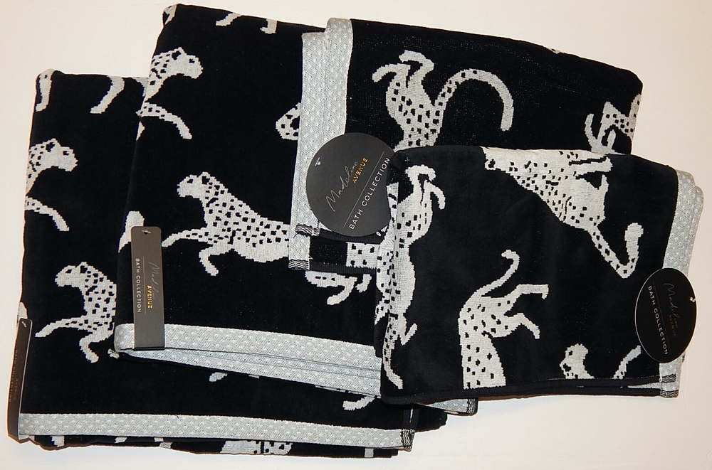 MADELINE AVENUE 4-PC BATH SET 2 BATH + 2 HAND TOWELS BLACK LEOPARD PRINT